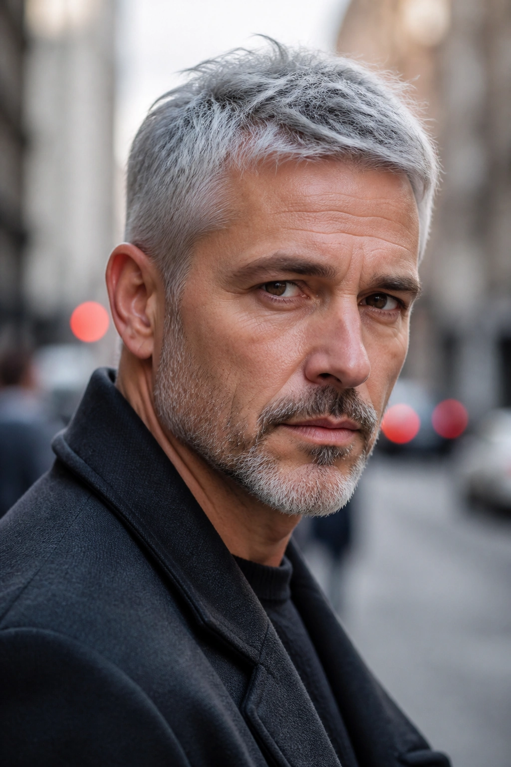 Close-up portrait of a man with silver gray hair in an urban setting