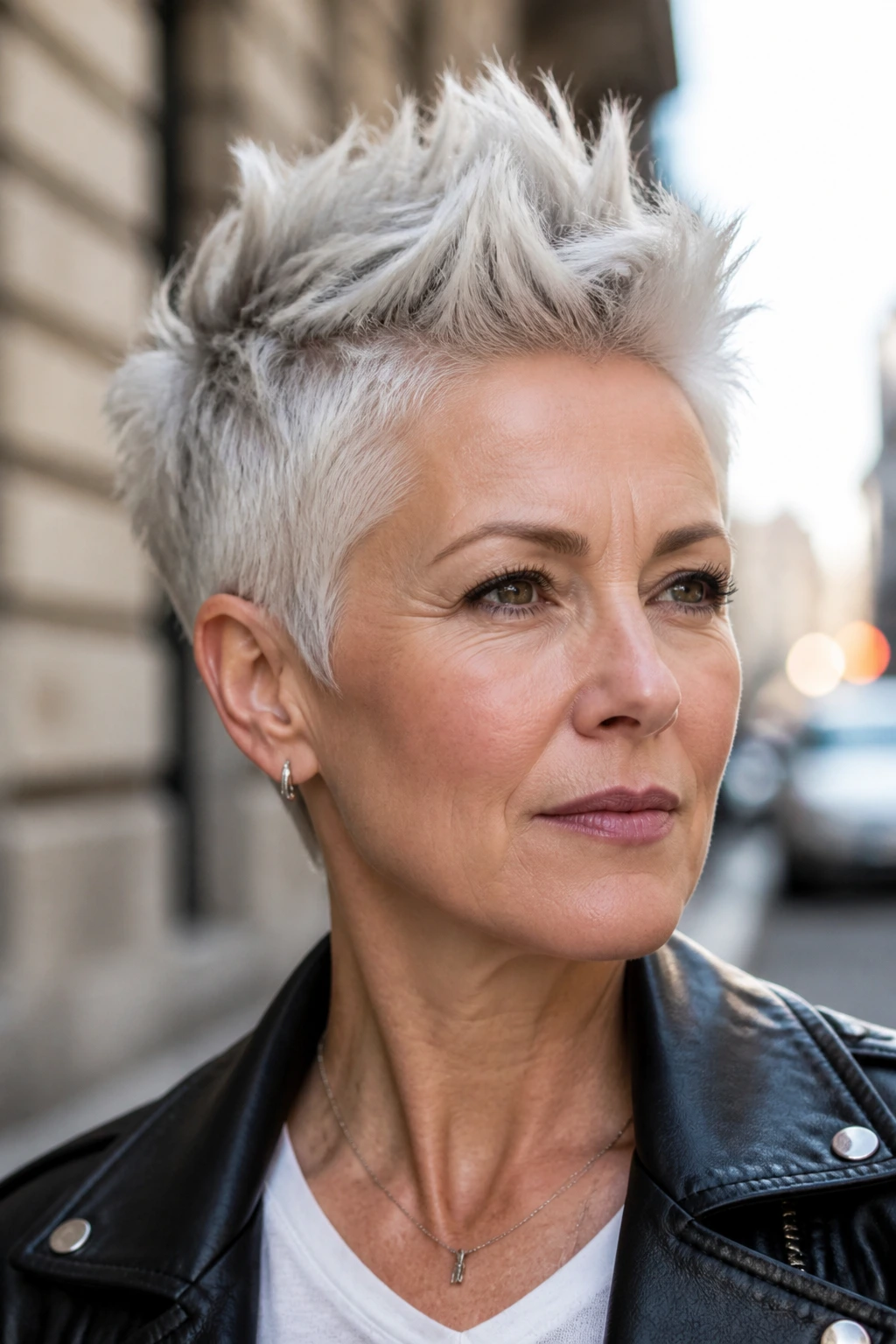 Close-up of a silver-gray faux hawk with spikes on a real woman's head.