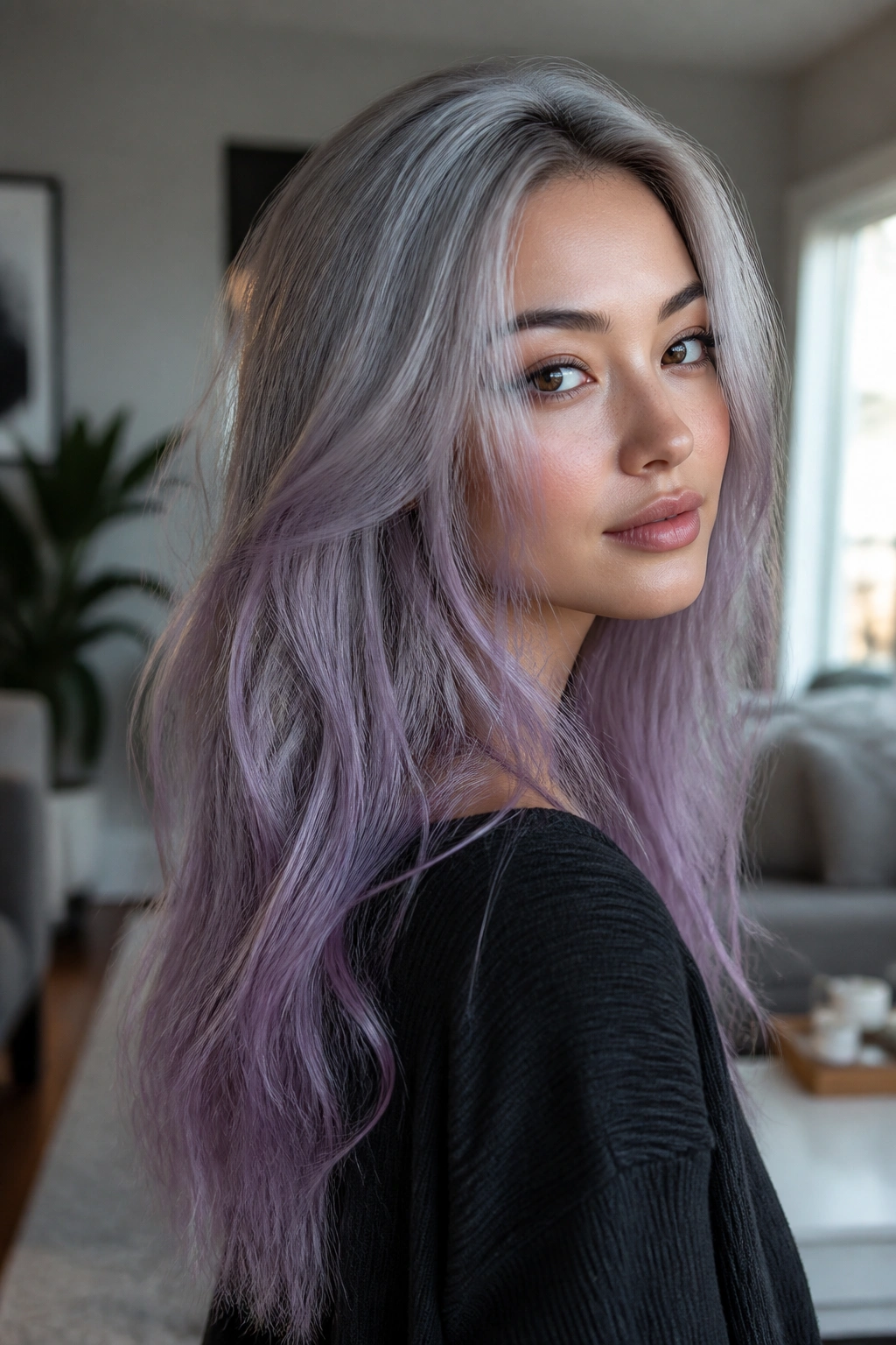 Portrait of a real woman with silver-gray to lavender smoke ombre on long hair.
