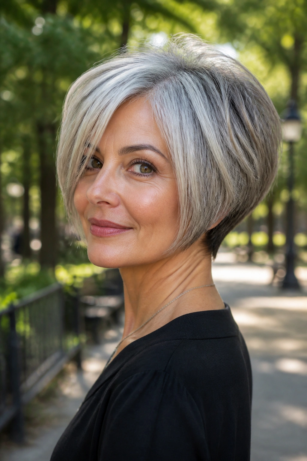 Close-up portrait of a real person with silver gray stacked bob in natural daylight