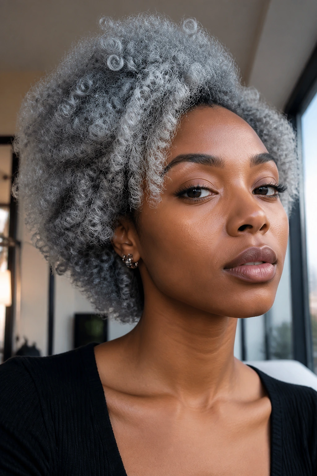 Close-up portrait of a real person with silver-grey hair against a soft urban backdrop.