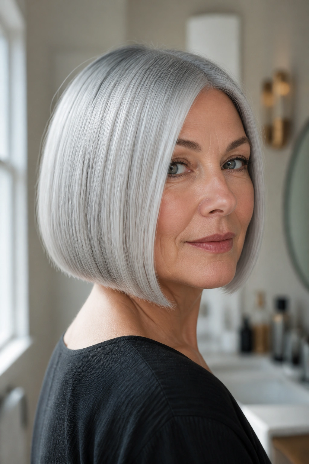 Close-up of a woman with a chin-length silver ice bob, glossy cool tone.