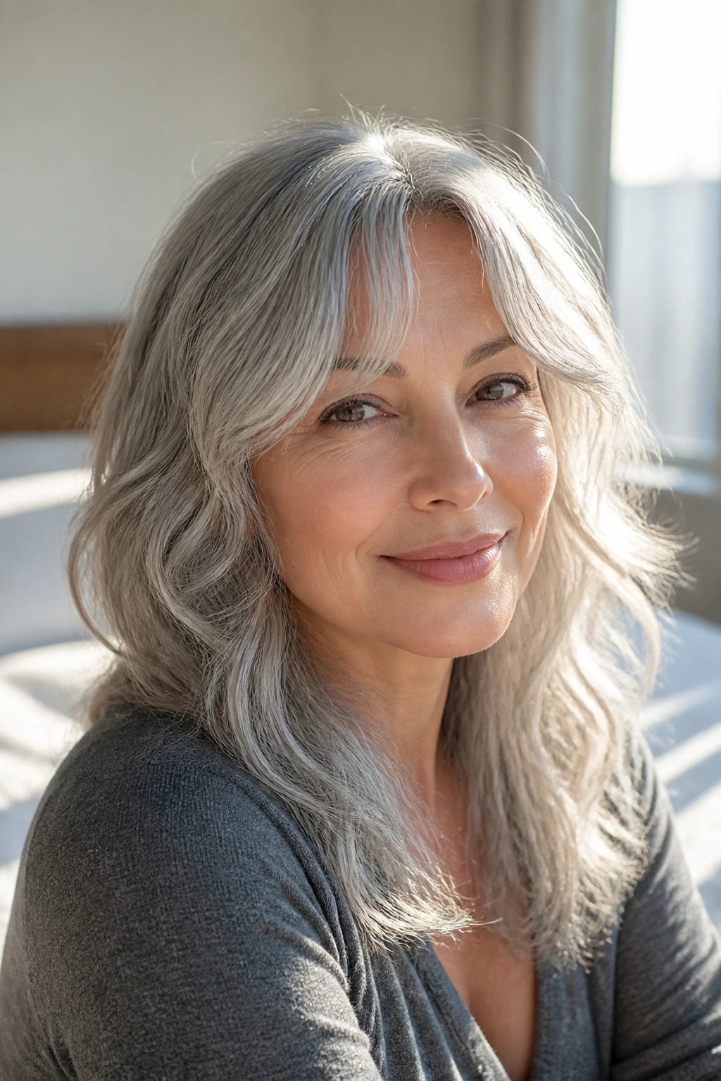 Close-up of a real woman with silver wavy curtain bangs framing a round face