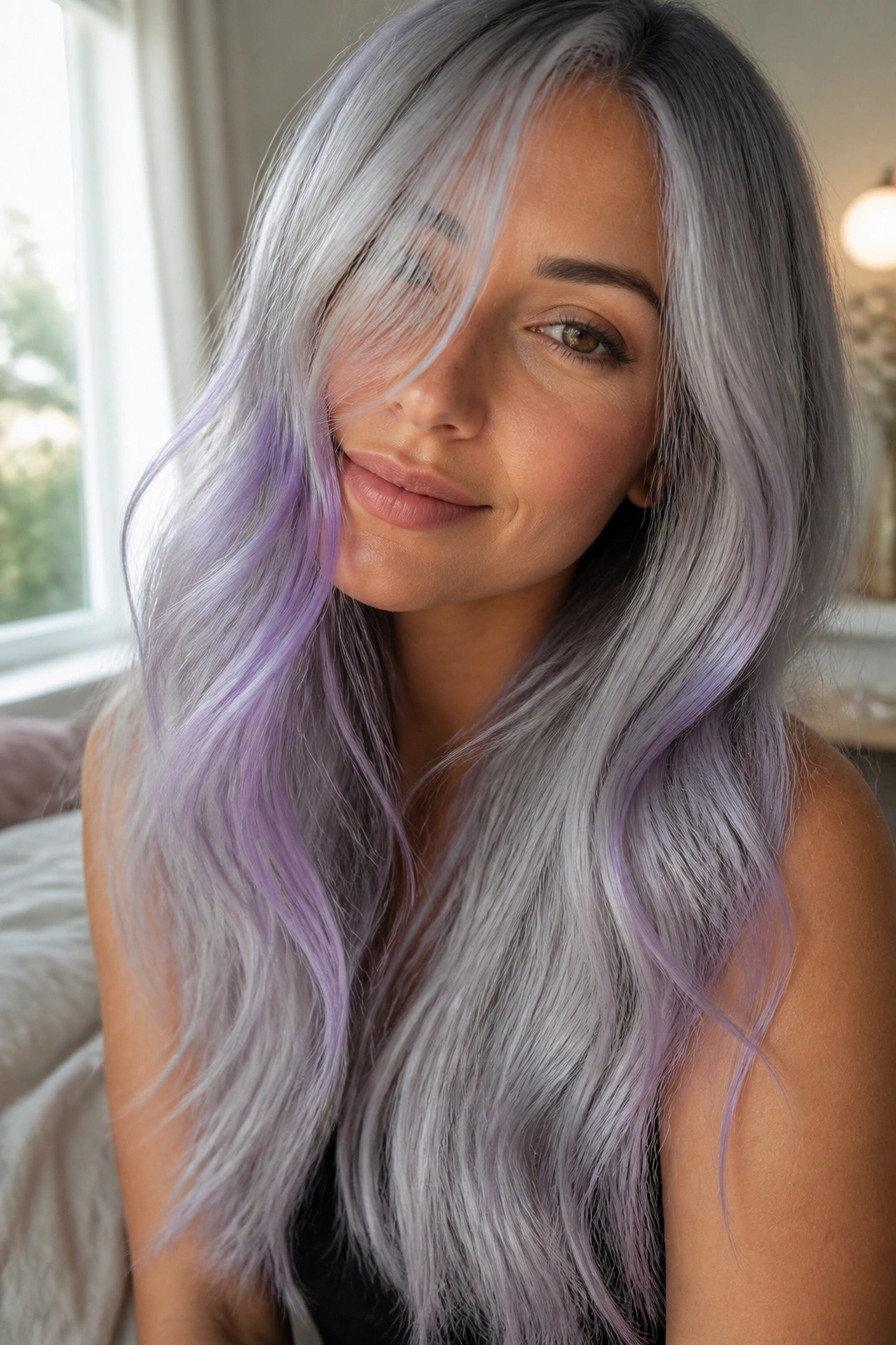 Close-up of a real woman with long silver hair and a sheer lavender veil tint