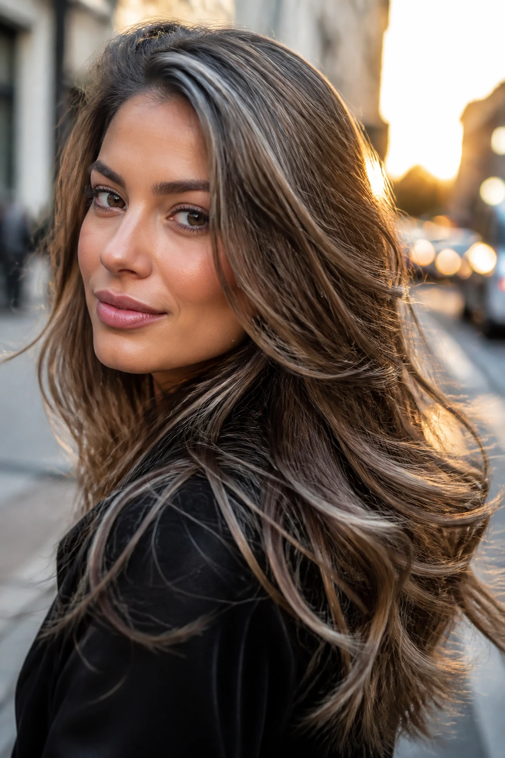 Portrait of a woman with silver-hazelnut reflections on a brunette base catching golden hour light.