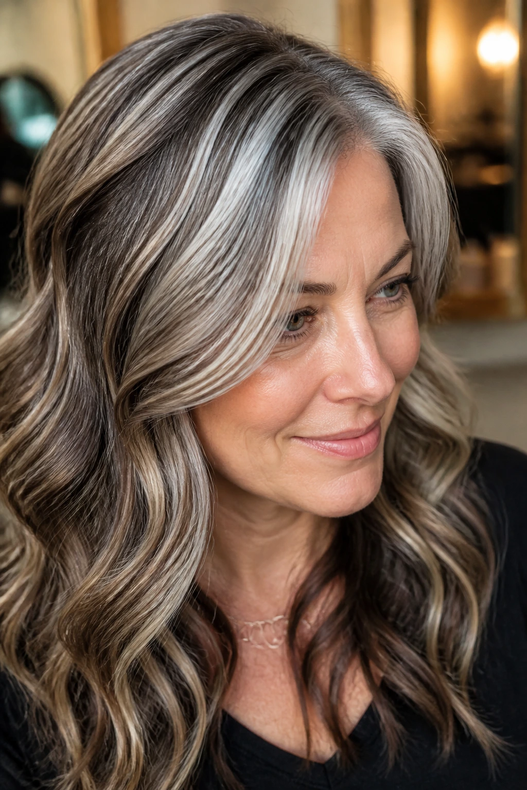 Close-up of hair with silver highlights and brown lowlights for depth.