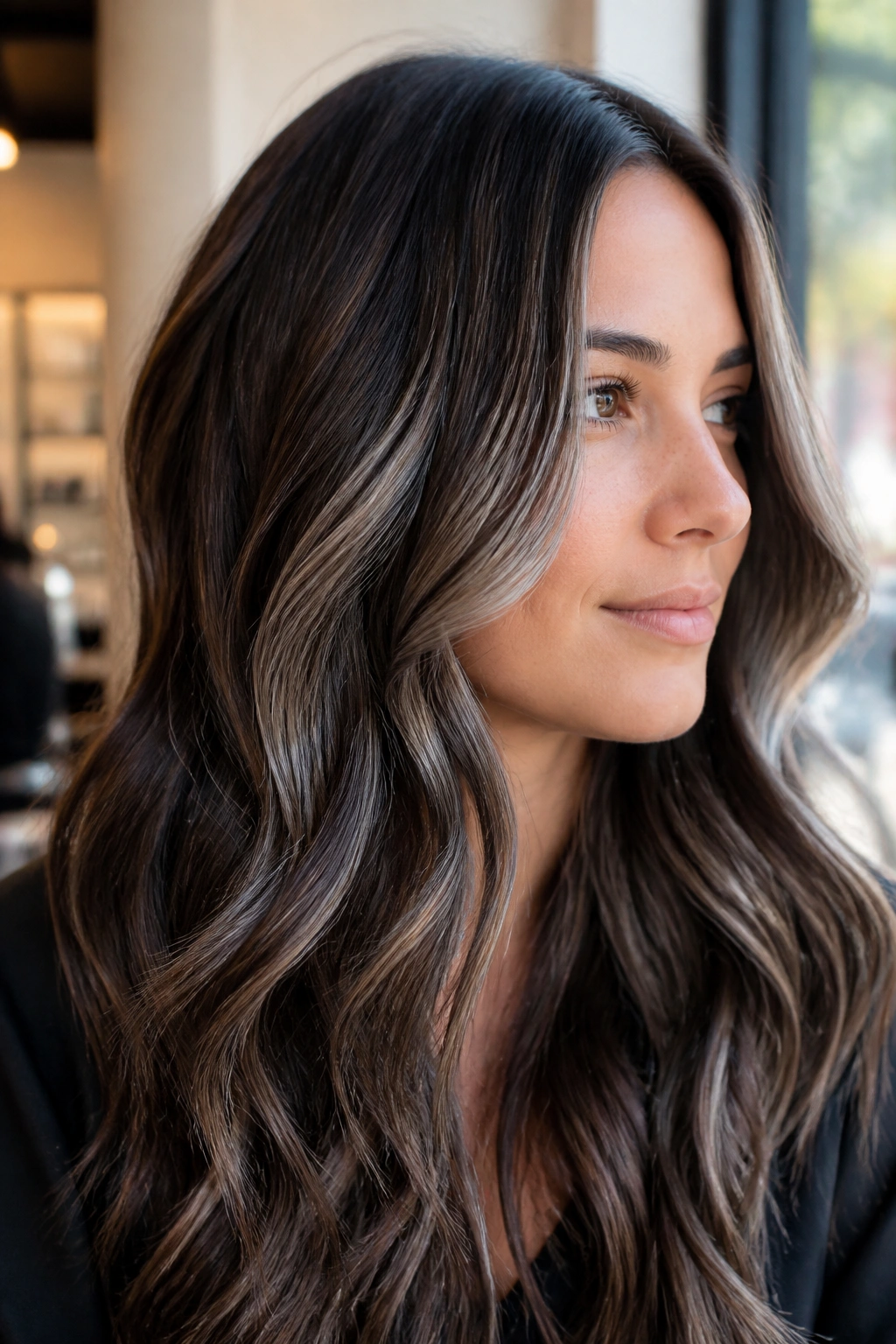Close-up of warm brunette hair with smoky silver highlights around the face