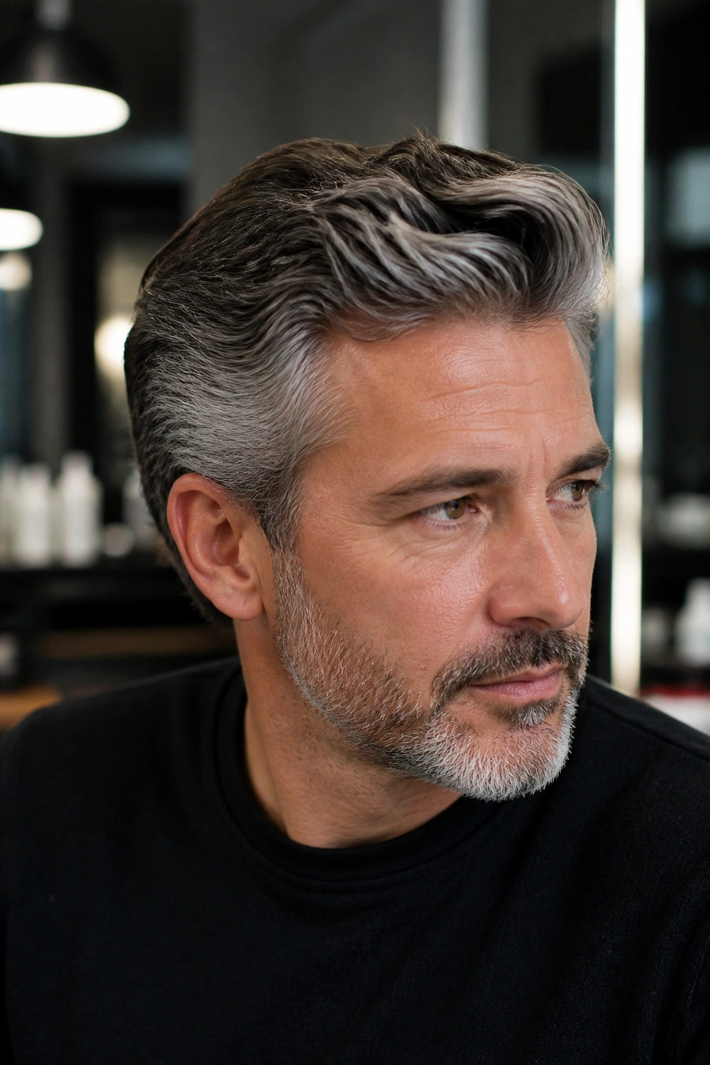Close-up of hair with silver highlights blending gray in a salon