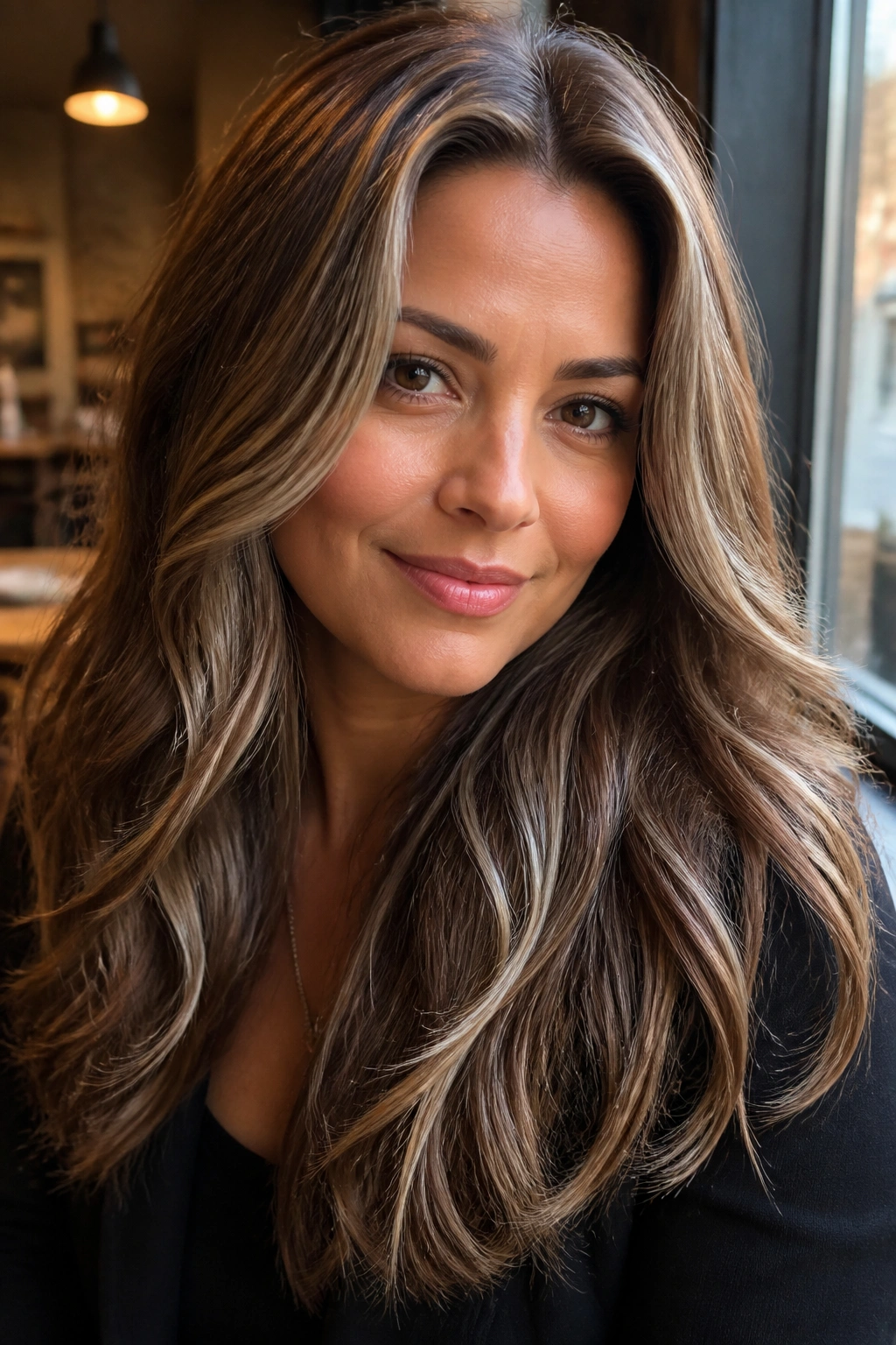 Close-up of warm brown hair with silver highlights and beige root on a real woman, golden-hour light.