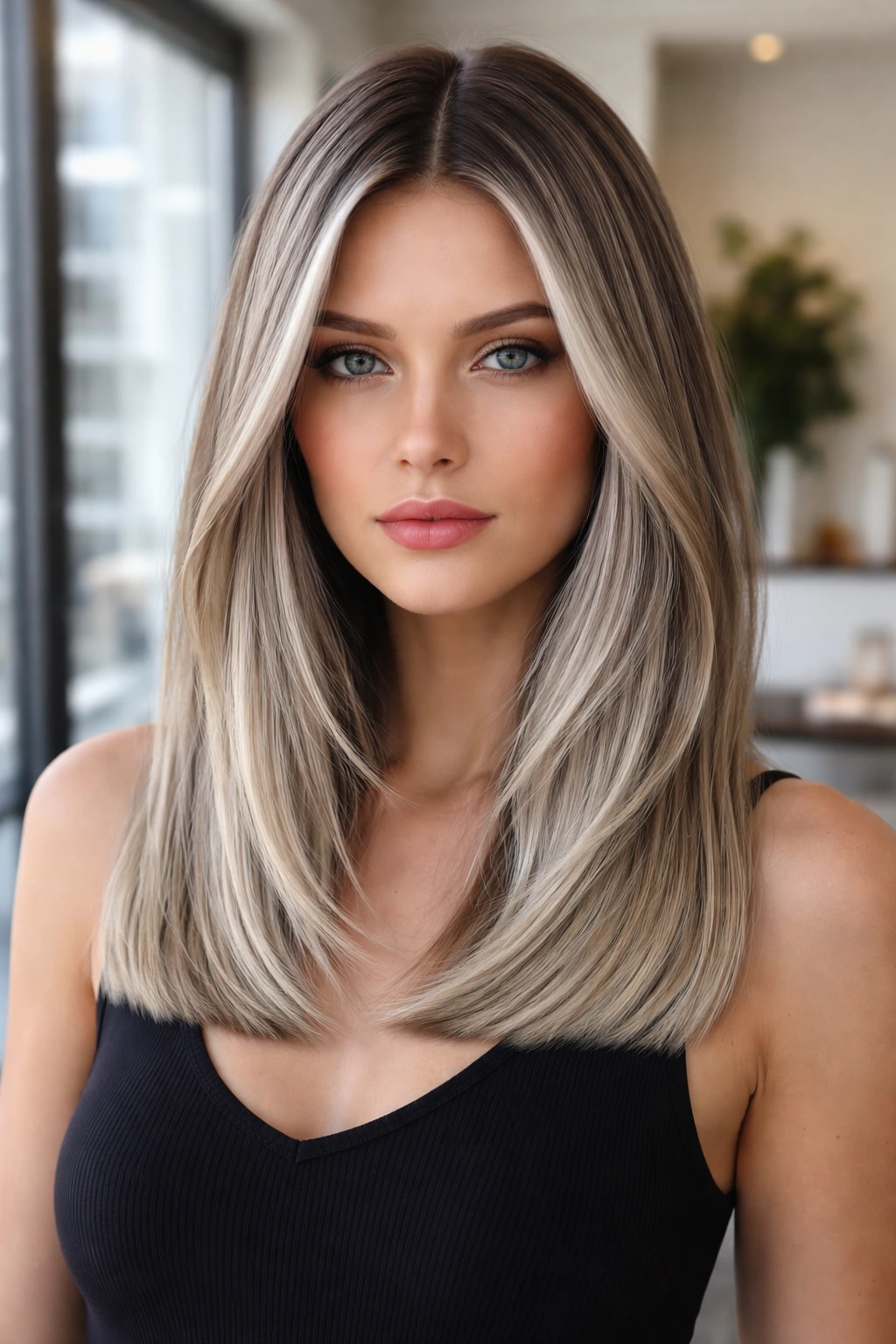 Portrait of a woman with silver-infused bronde hair and cool tones.
