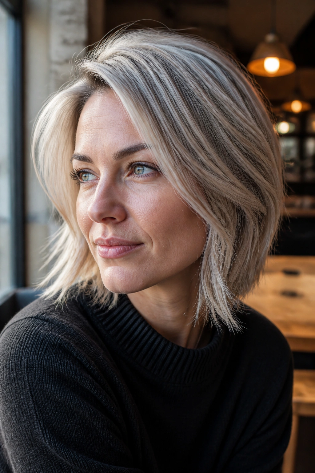 Close-up of a real person with silver-infused sandy blonde hair in a window-lit cafe setting.
