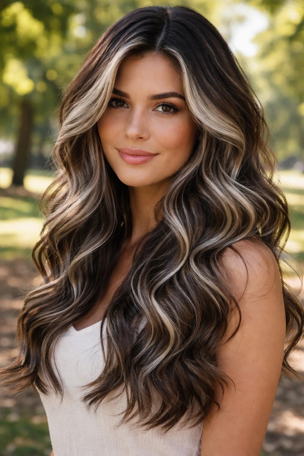 Woman with silver-highlighted waves in an outdoor park
