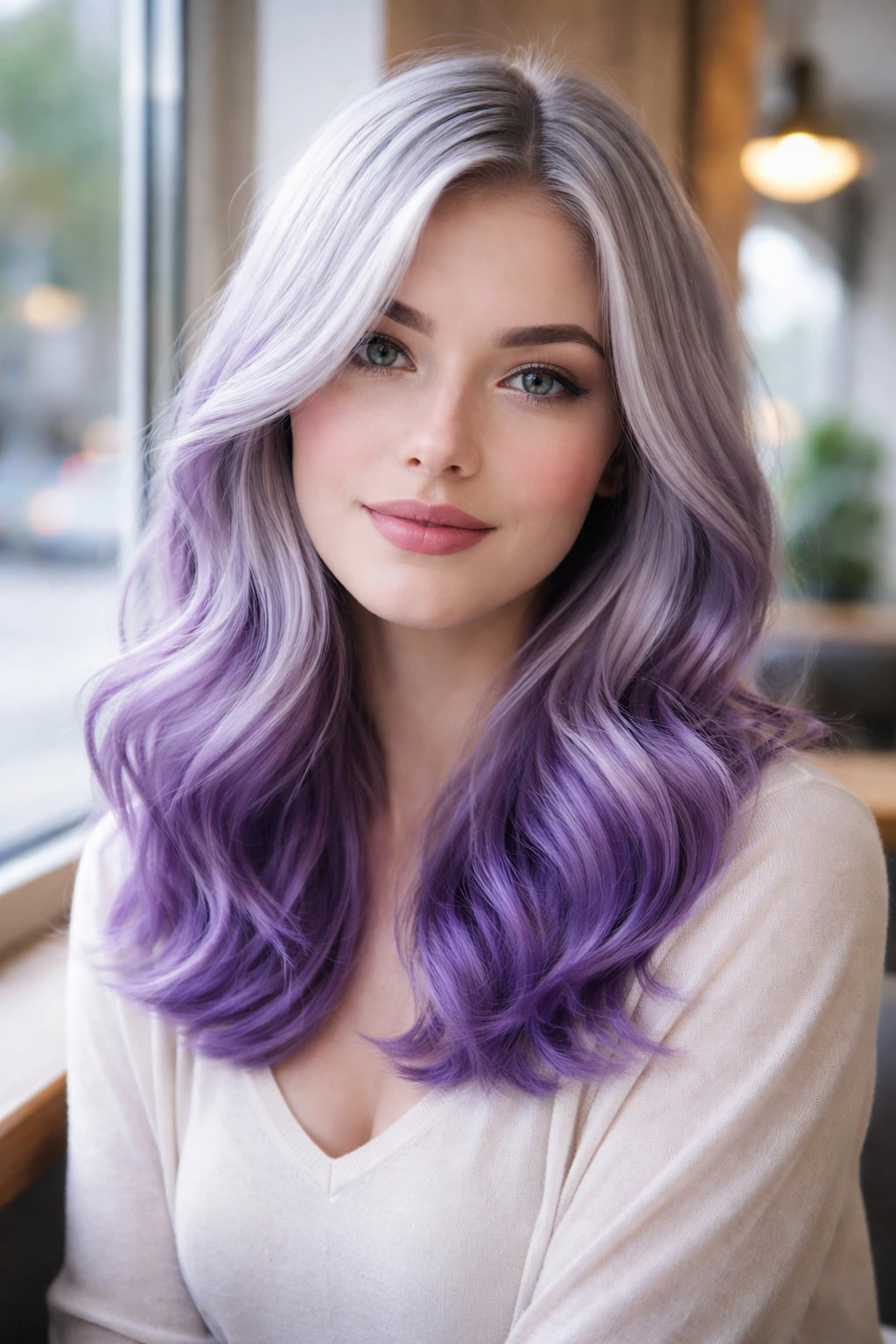 Portrait of a woman with silver-to-iris purple ombré hair for cool skin tones.