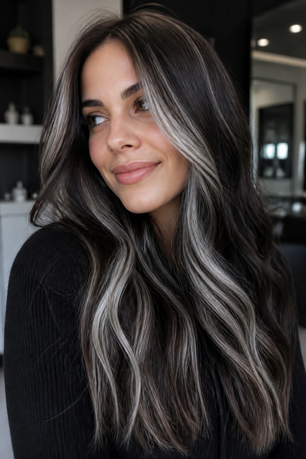 Close-up of real person with silver-kissed chocolate hair