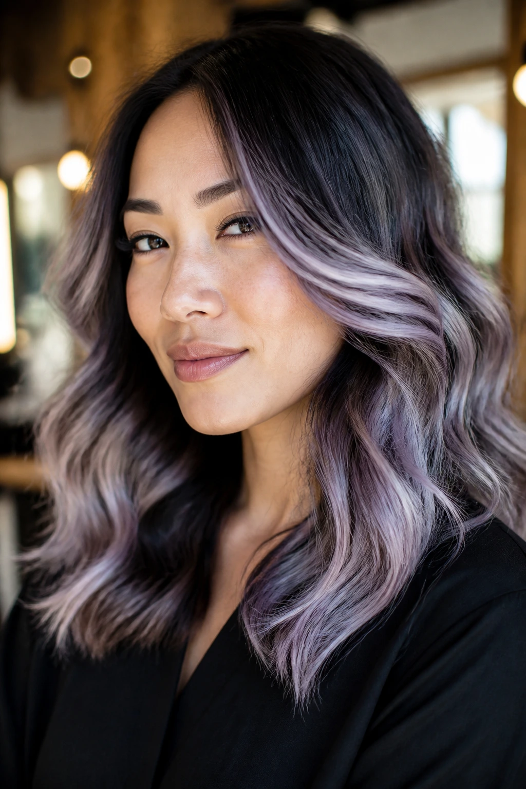 Close-up of a real woman with silver-lavender balayage on dark hair.