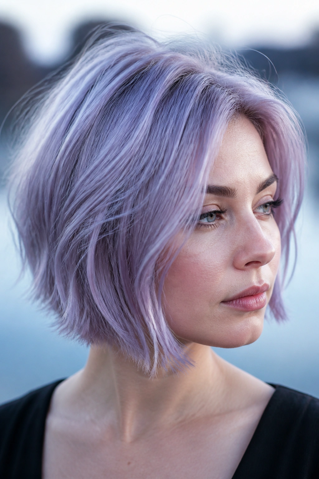 Close-up of a woman with silver lavender hair in a short bob against outdoor daylight.