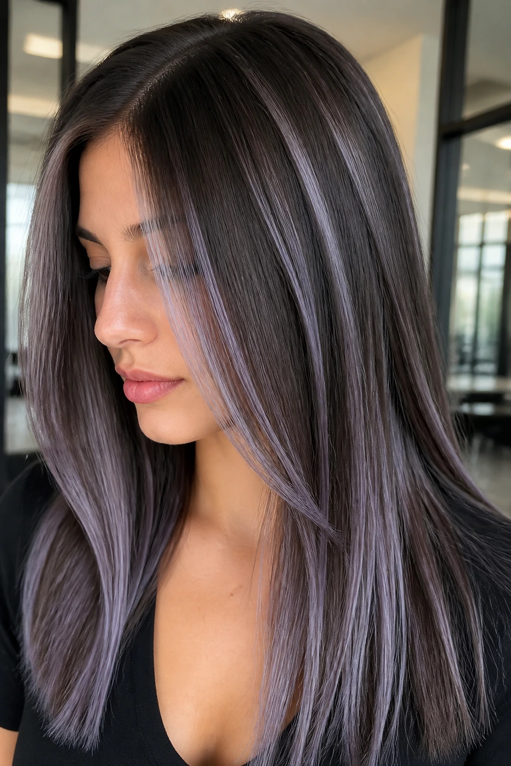 Close-up of a person with dark brown hair and silver-lavender highlights in high-contrast lighting