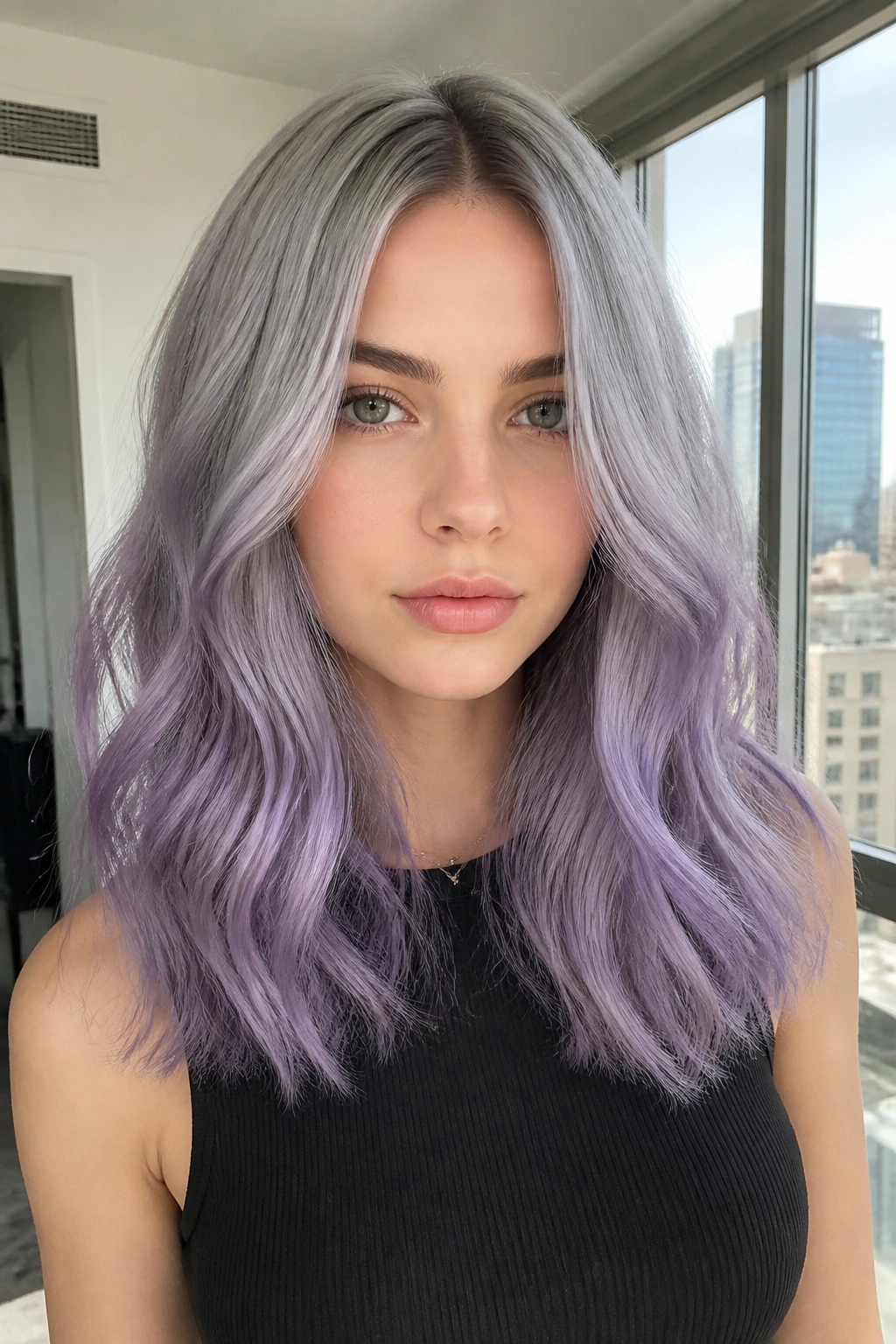 Head-and-shoulders portrait with silver-lavender melt and even root-to-tip transition.