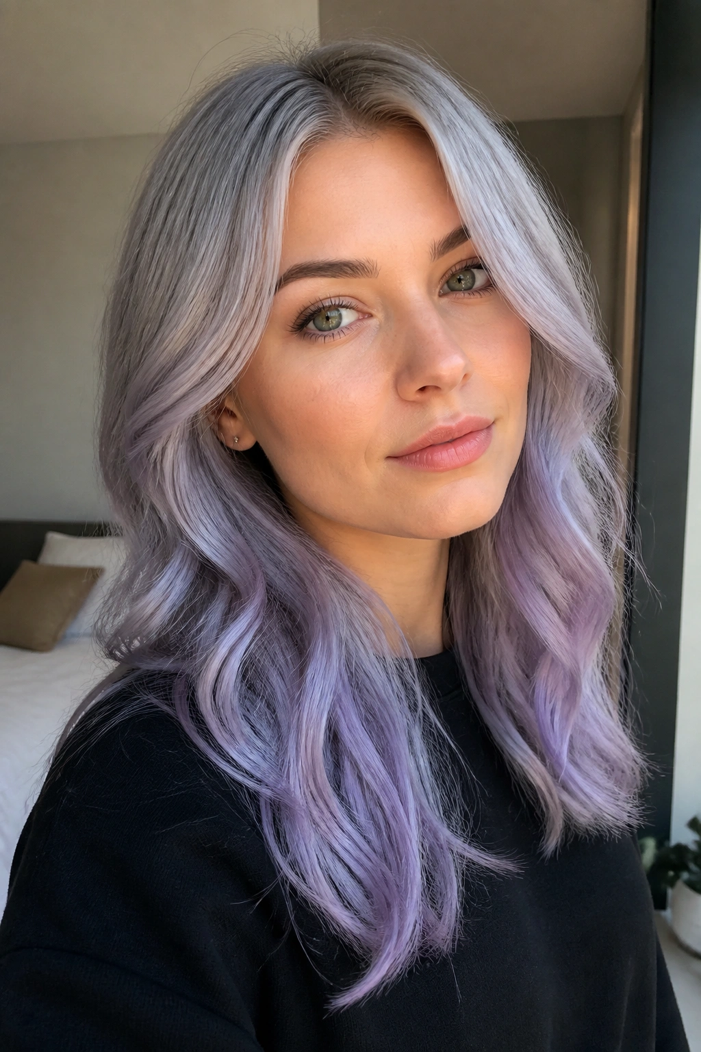 Close-up of a real woman with icy lavender melt hair on cool skin tones