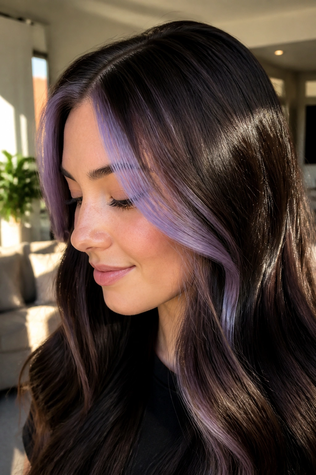 Profile shot showing silver-lilac accent panels on dark chocolate hair near the crown