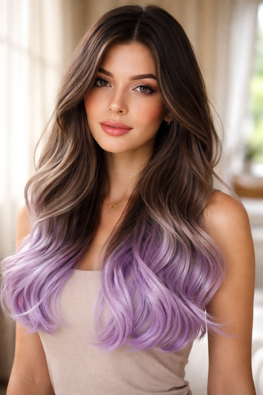 Close-up portrait of a real woman with silver-lilac dip dye at hair ends