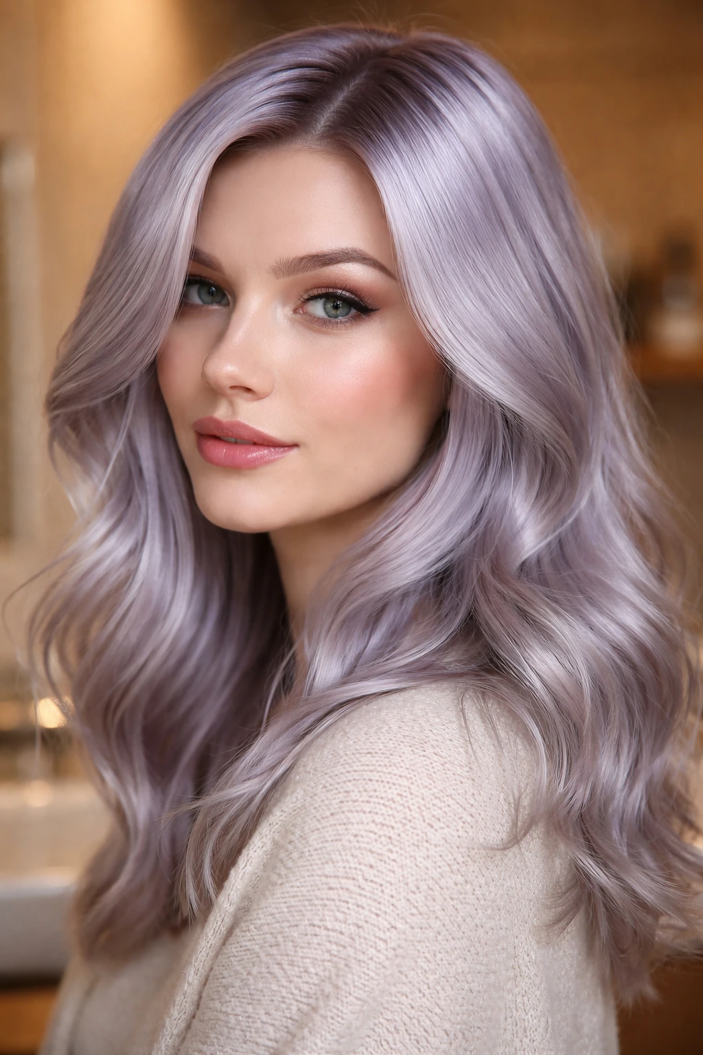 Close-up of a real person with silver lilac glaze hair