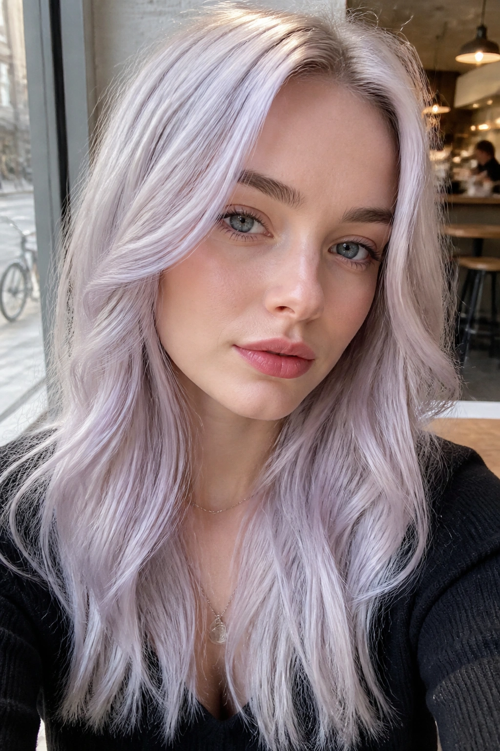 Close-up portrait of real woman with silver lilac grey blonde hair