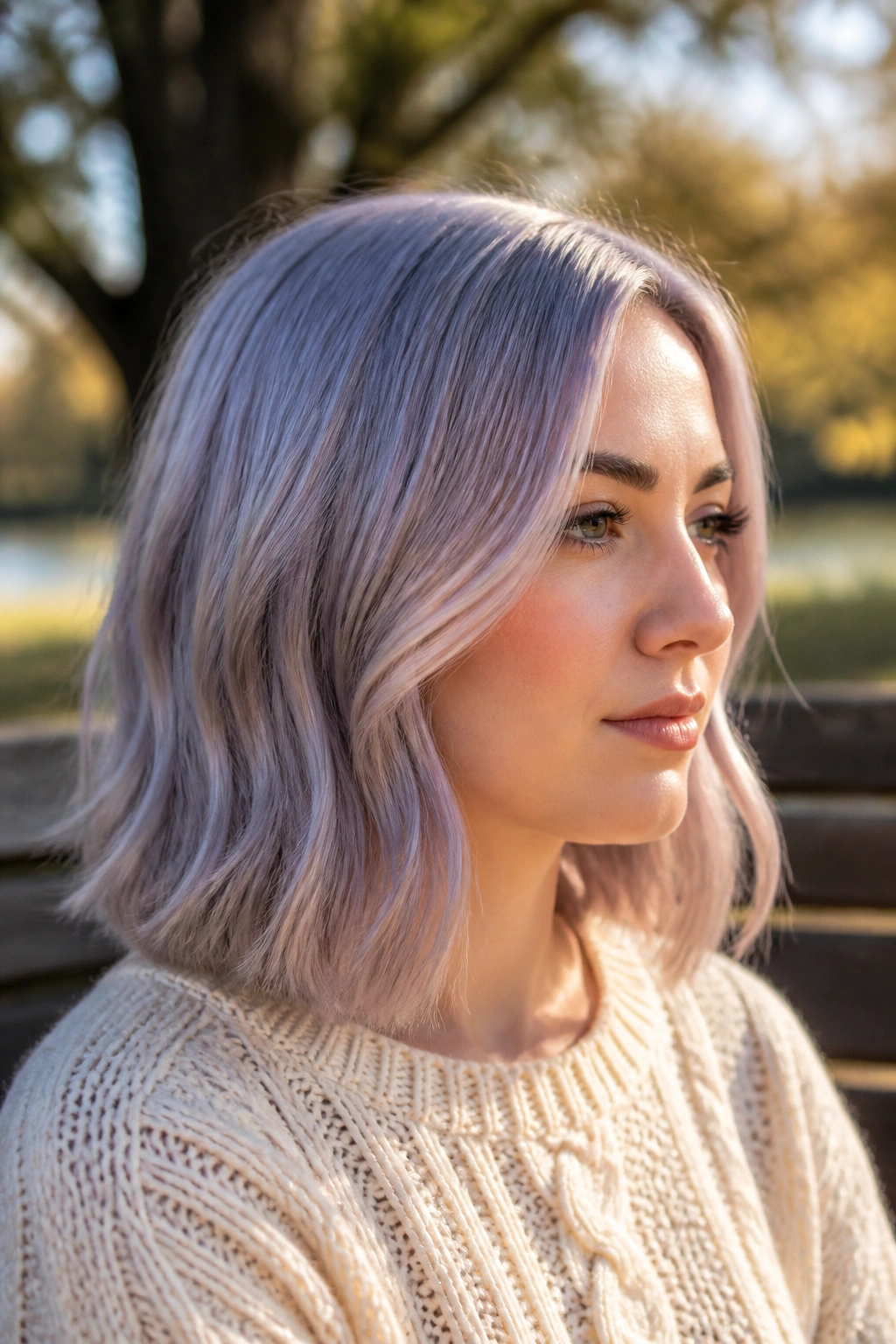 Close-up of a real person with silver lilac round-face lob