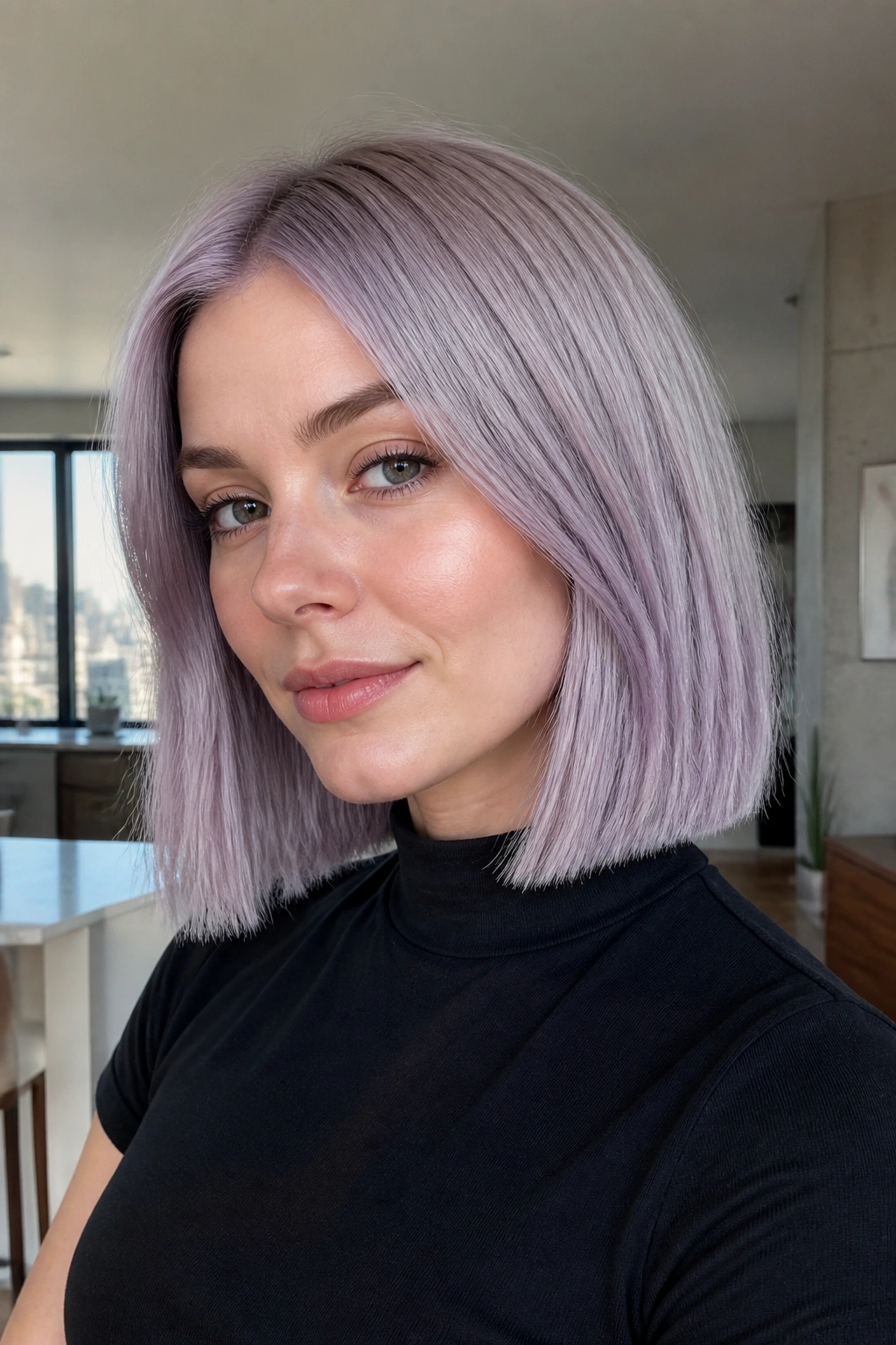 Close-up of a woman with a blunt silver-lilac lob