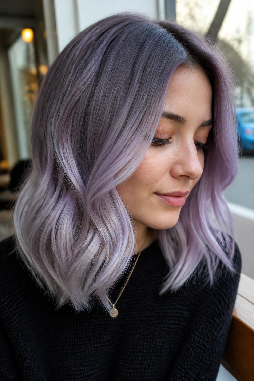 Close-up of a real woman with shoulder-length silver lilac hair in a sunlit cafe