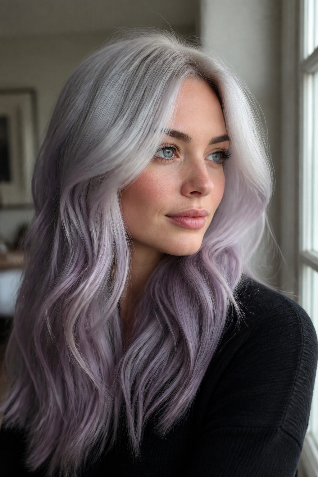 Close-up portrait of a real woman with a gradual lilac-to-silver melt in hair