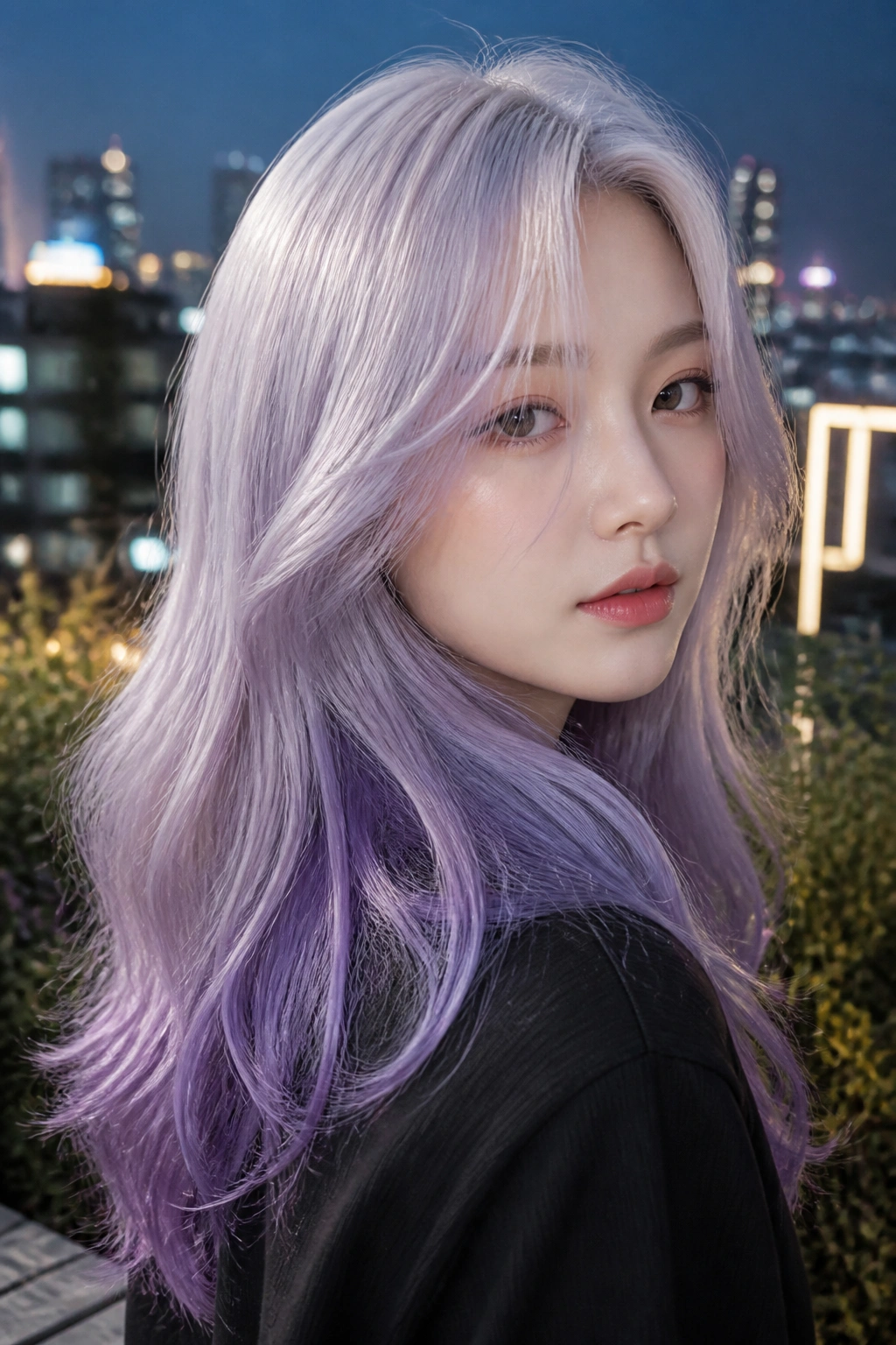 Portrait of a person with silver lilac melted hair in a rooftop garden at dusk