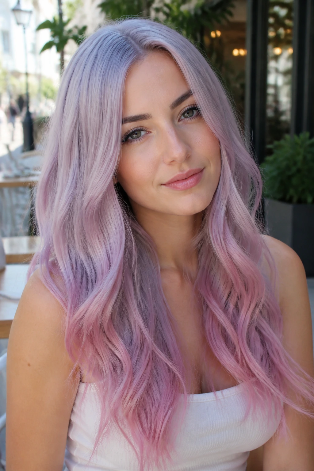 Portrait of a real woman with Silver Lilac to Pink Frost ombre, pale lilac roots fading to pink frost at tips.