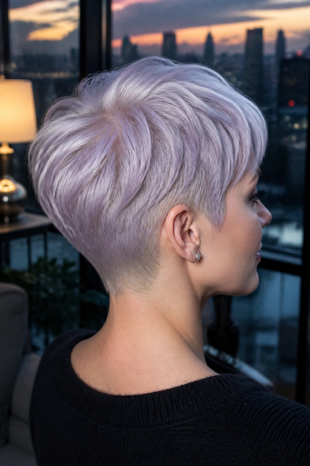 Close-up of real person with silver-lilac tapered pixie in a modern loft