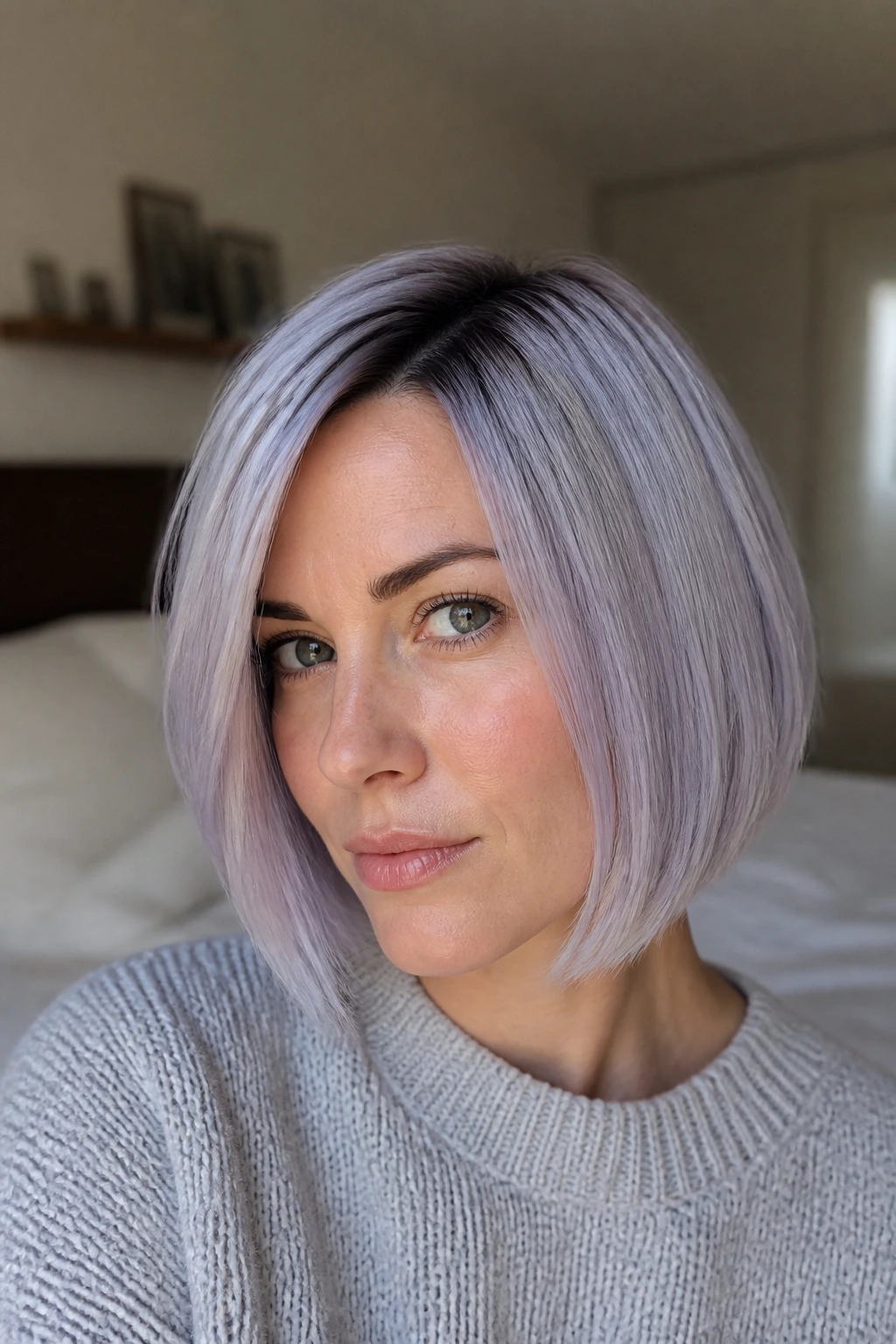 Close-up of a real woman with a silver-lilac bob and subtle root shadow