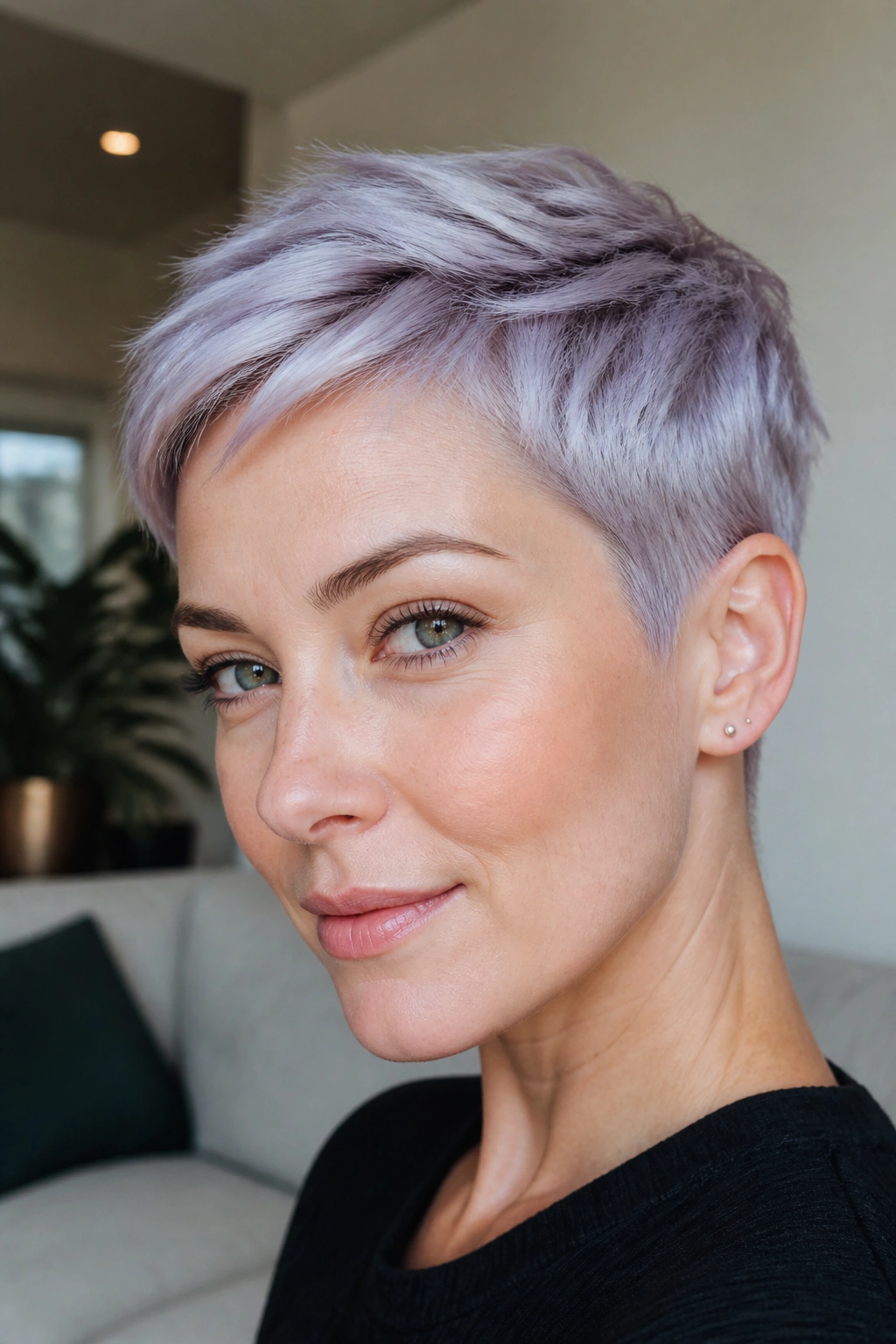 Close-up of a woman with silver-lilac gloss on a short crop, crisp cool shine
