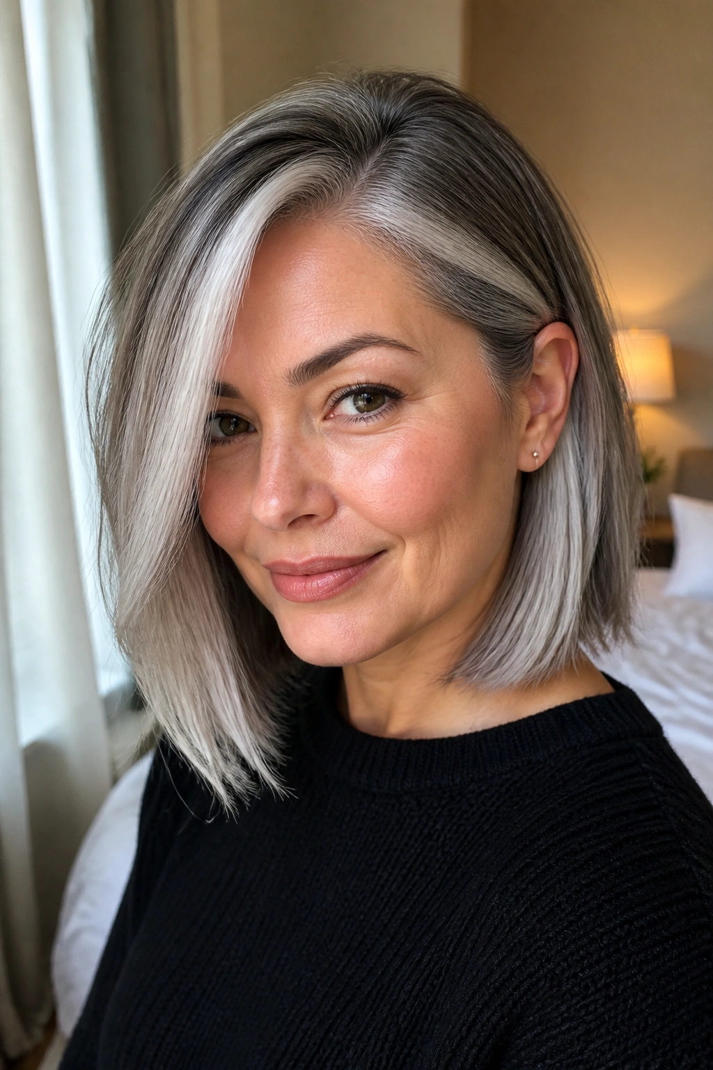 Close-up portrait of a real woman with a silver money-piece lob and side part