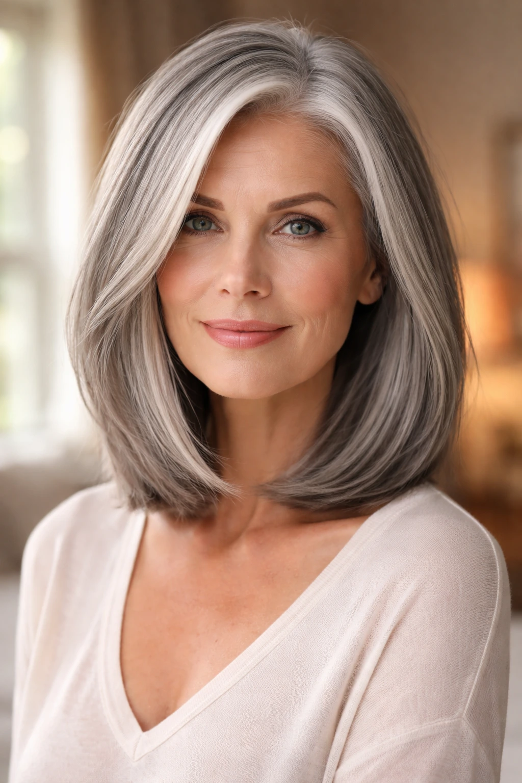 Close-up portrait of a woman with a silver-grey long bob at collarbone length, soft window light.