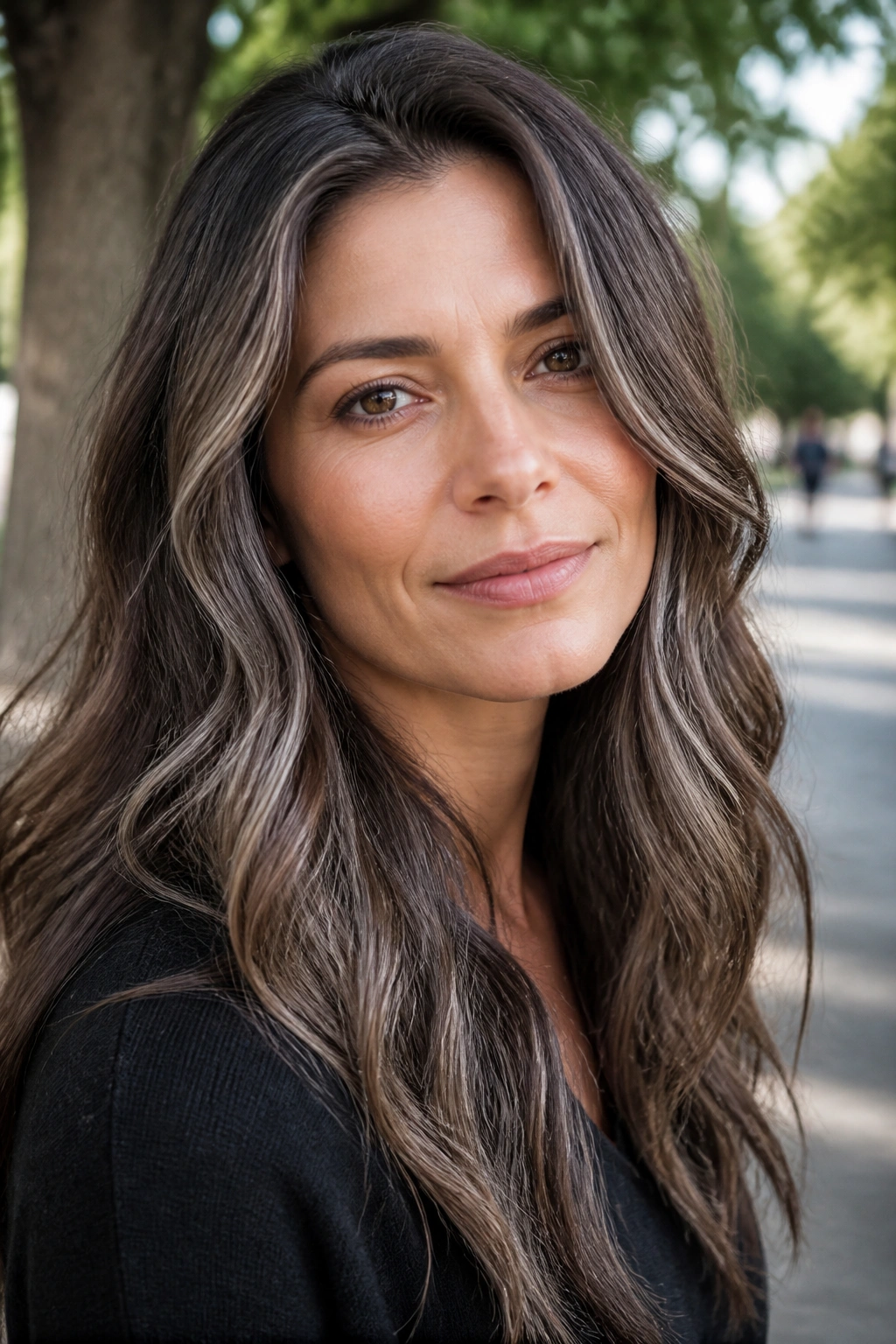 Brown hair with silver lowlights toning down brass on a real person