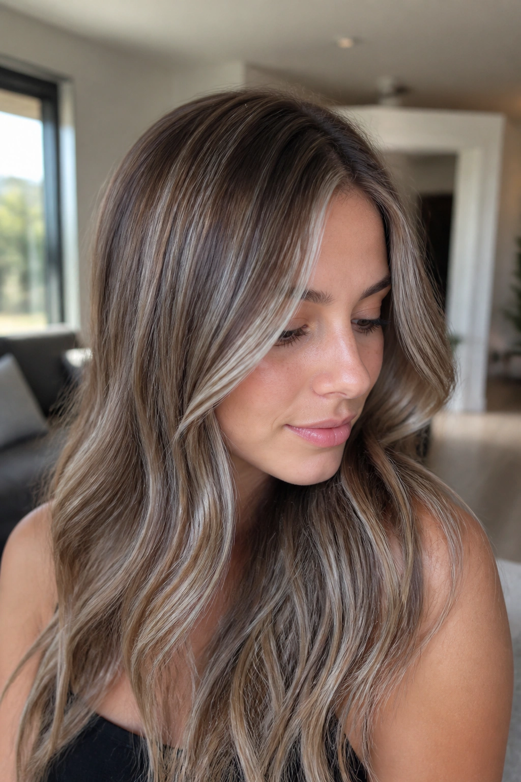 Close-up of a real person with silver lowlights in light brown hair.