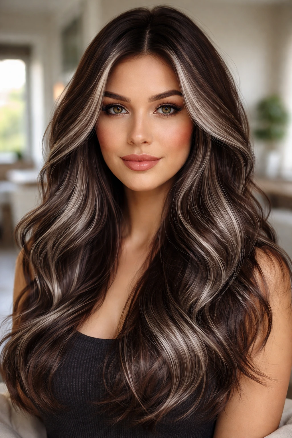 Close-up portrait of a real person with brown hair and silver lowlights.