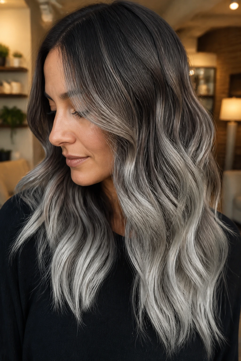 Real person with seamless silver melt hair from brown roots to silver ends in close-up