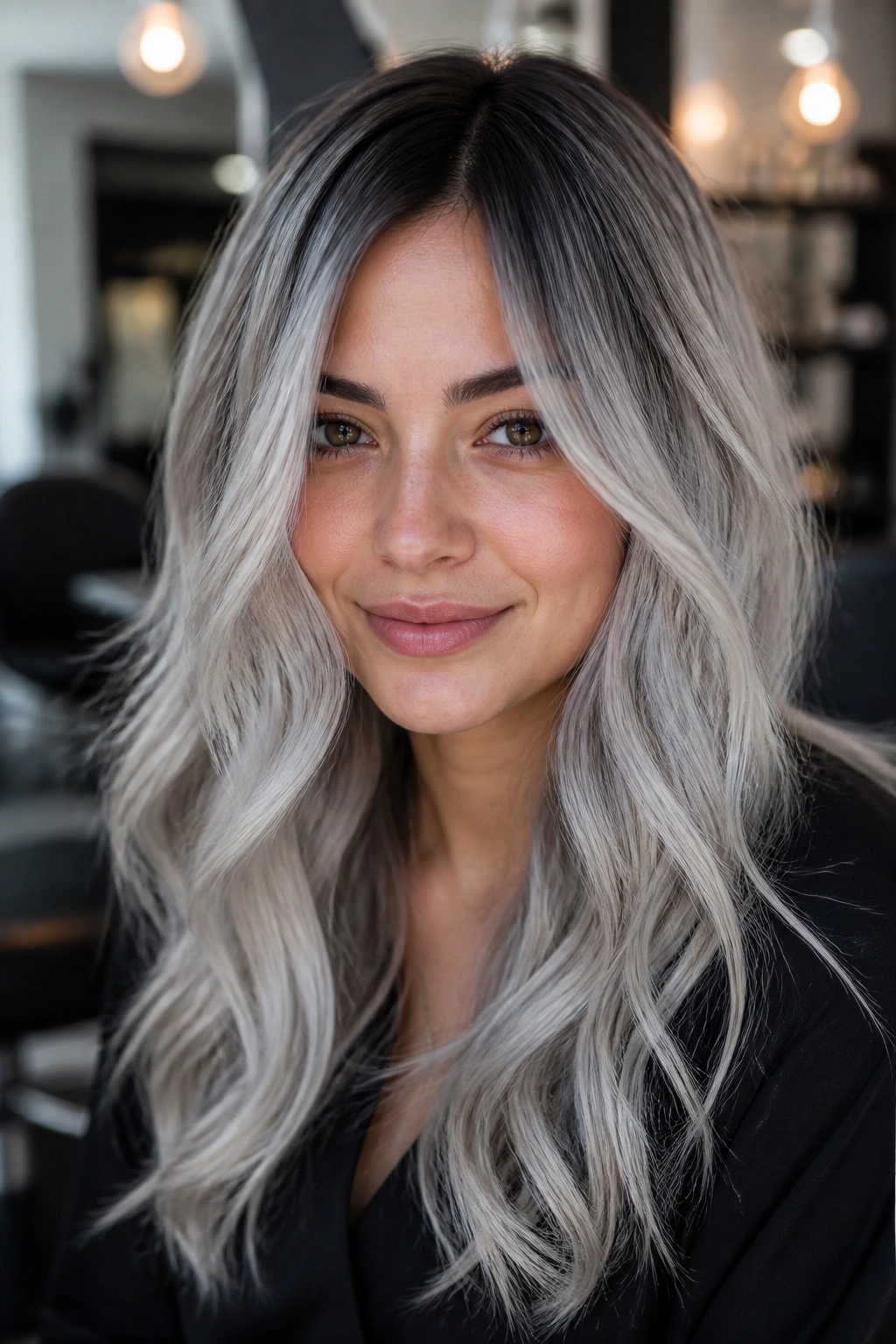 Close-up of a real person showing a silver melt with a shadow root.