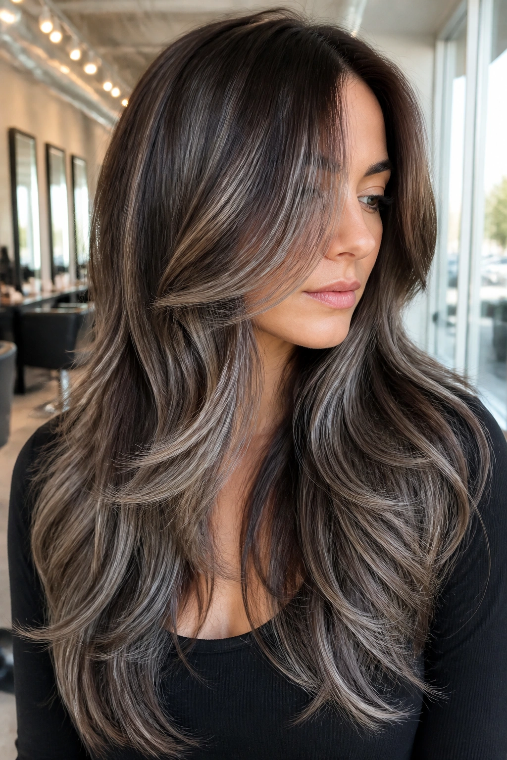 Close-up of long layered brunette with silver and mocha dimension in natural daylight.