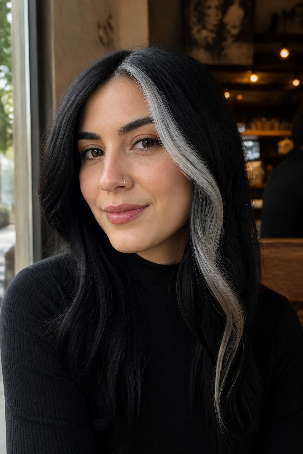 Real person with silver money piece on black hair framing the face