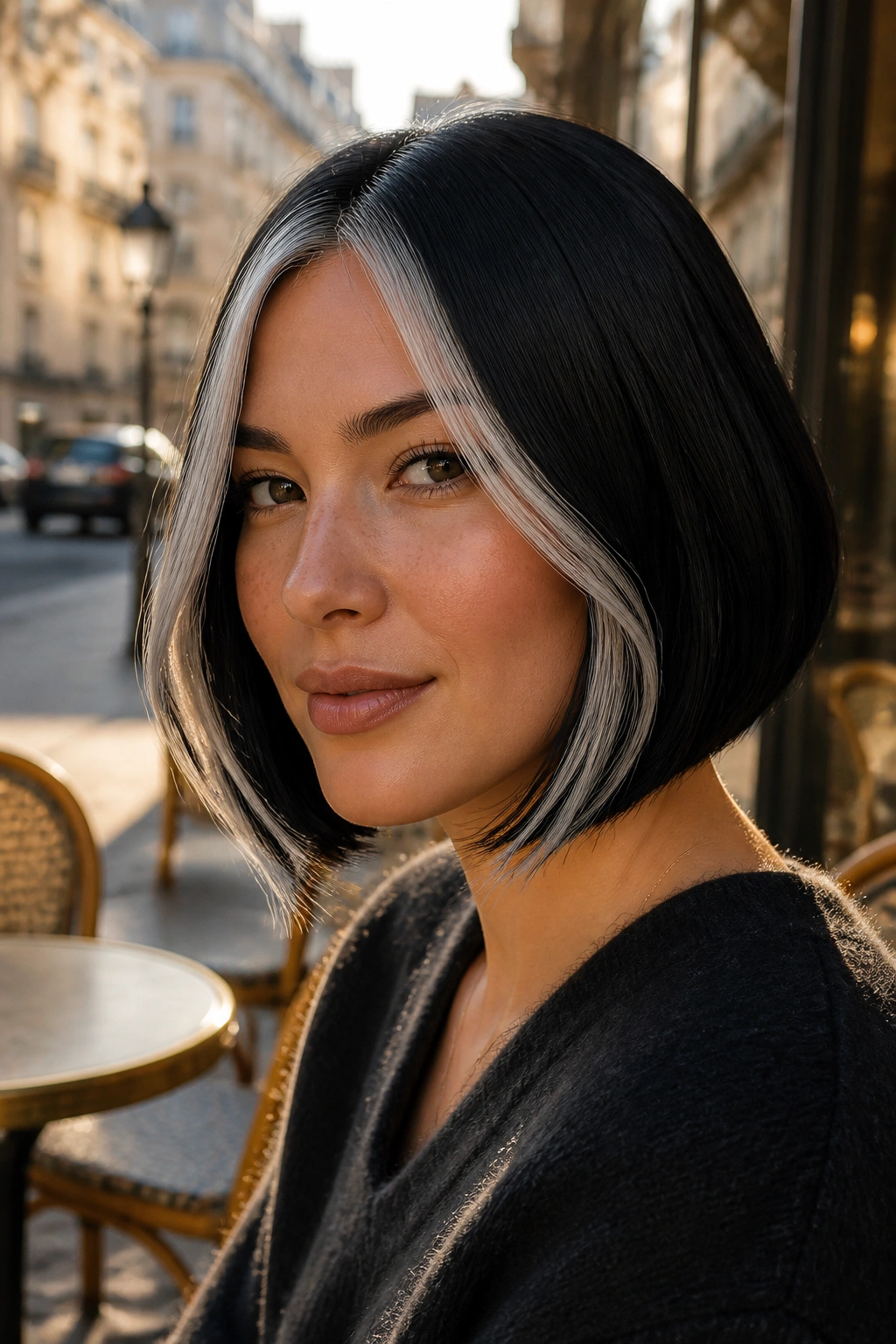 Close-up of a real woman with a sleek black bob featuring a slim silver money piece framing the face