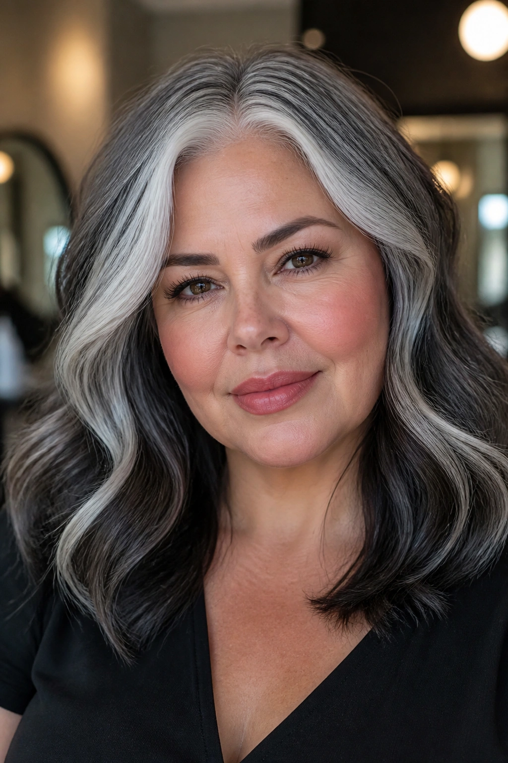 Close-up of a real woman with a bright silver money piece and deeper lengths in a modern salon