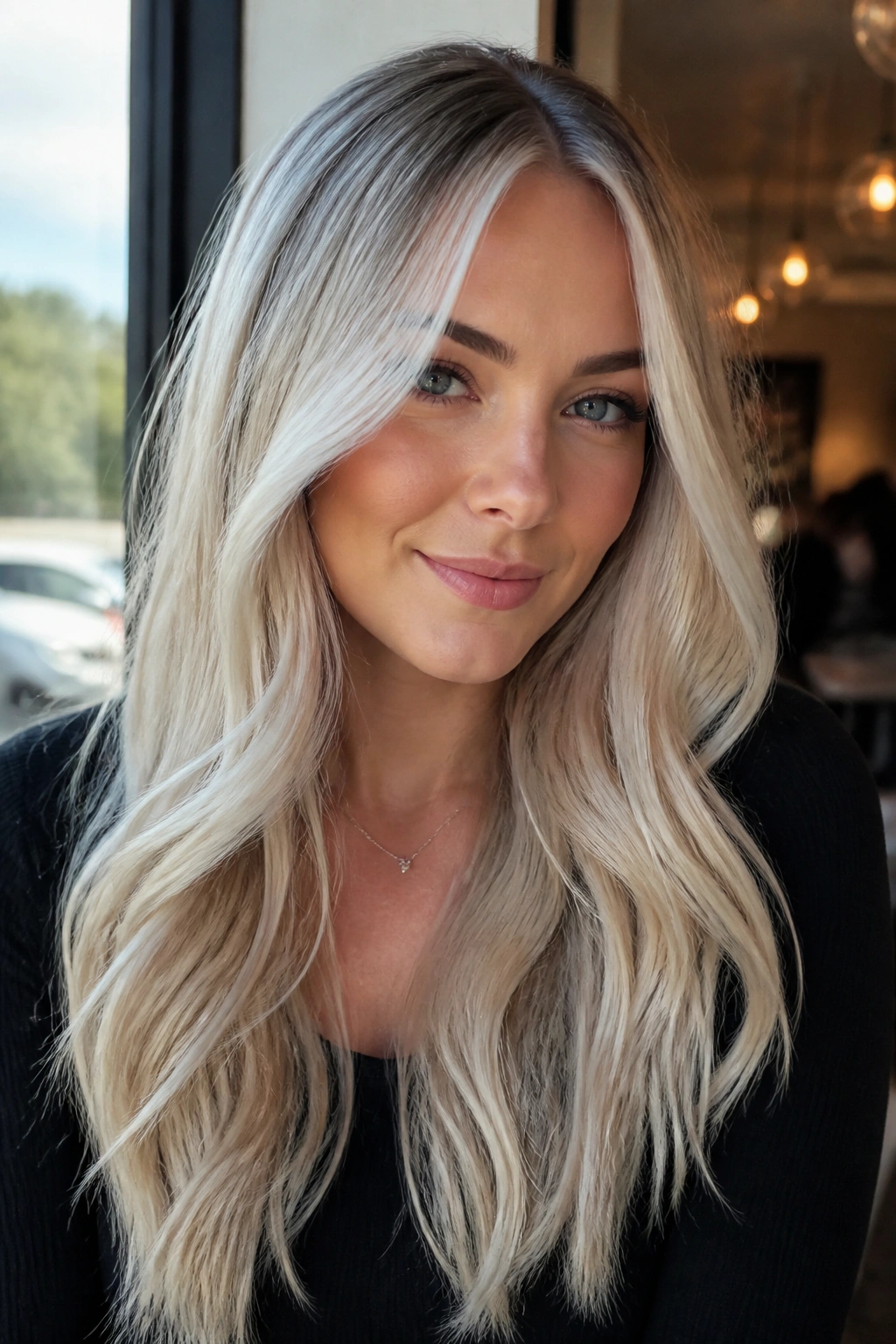 Close-up of a real woman with long platinum hair and a silver money piece