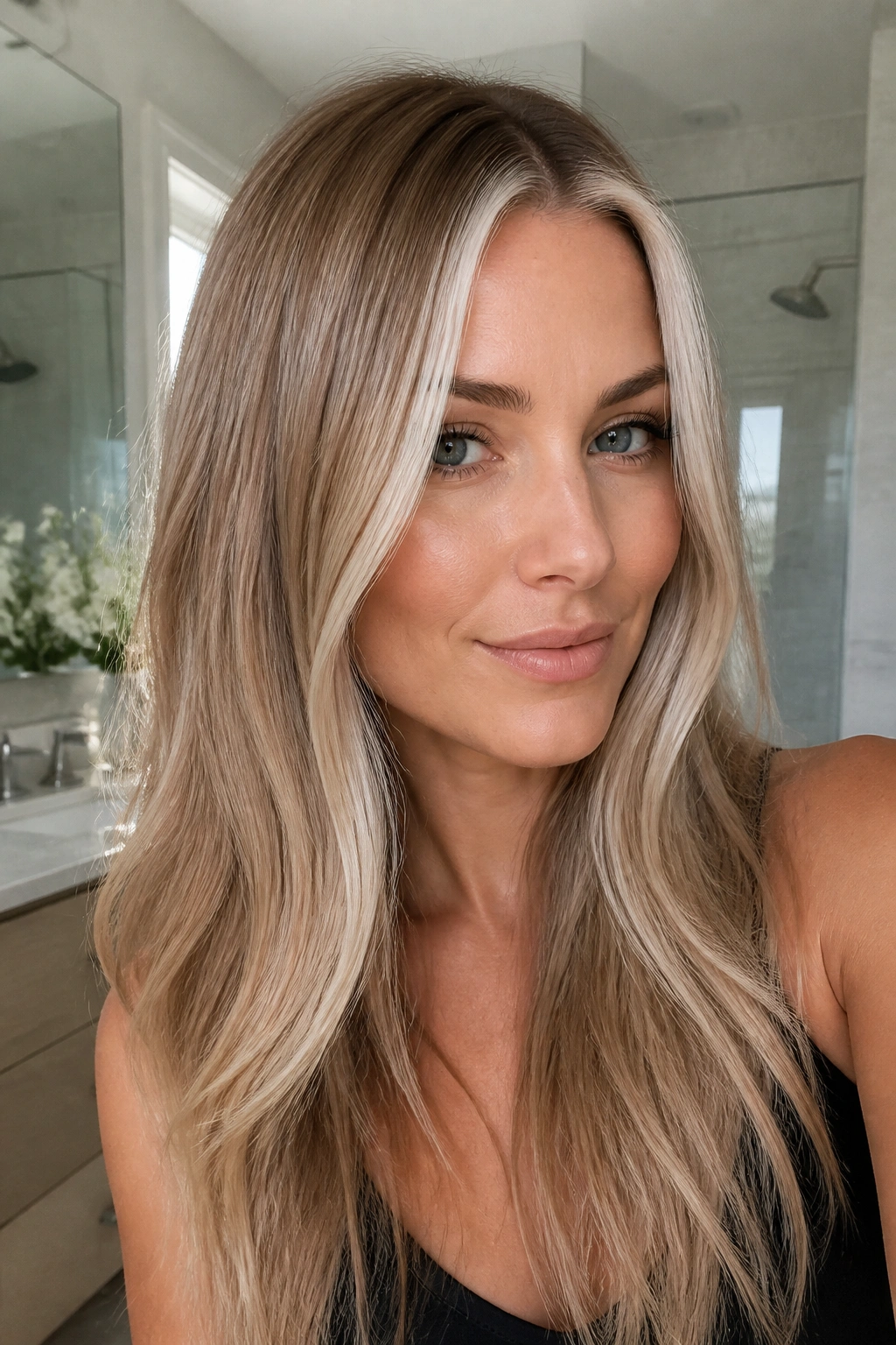 Close-up of real woman's face showing silver money piece on neutral blonde.