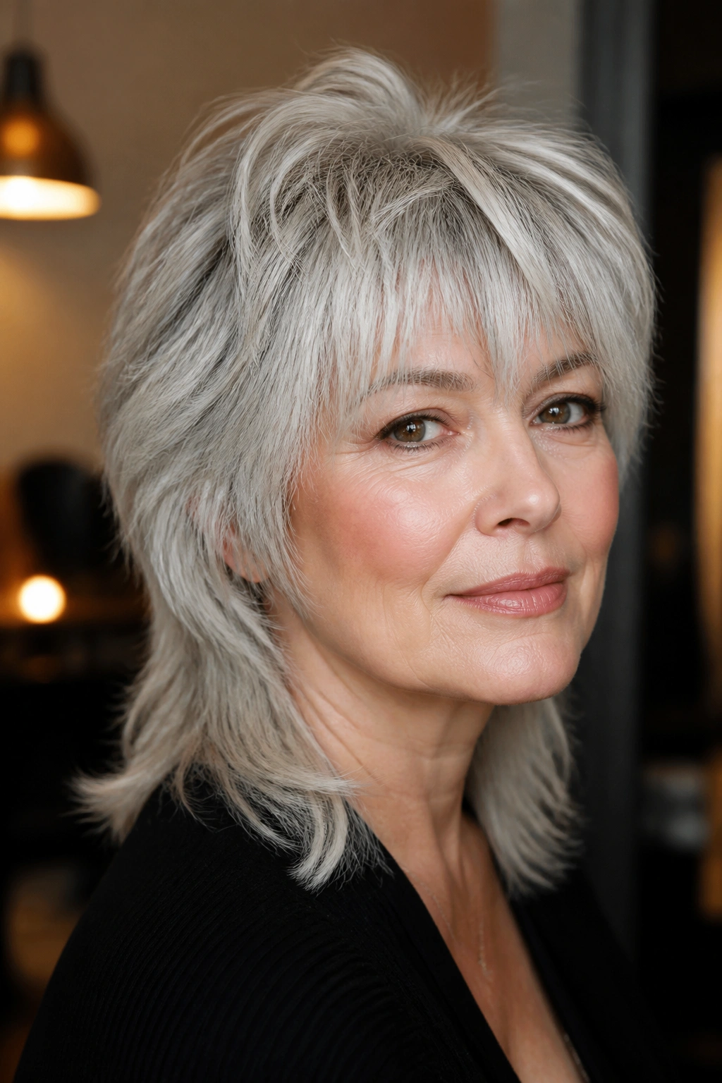 Close-up portrait of a real woman with a silver mullet and soft edges